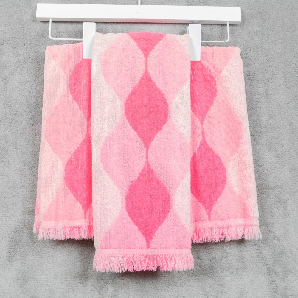 CANNON Royal Family VTG MCM Harlequin Diamond Fringed Hand Towels 3 Pc Set Pink